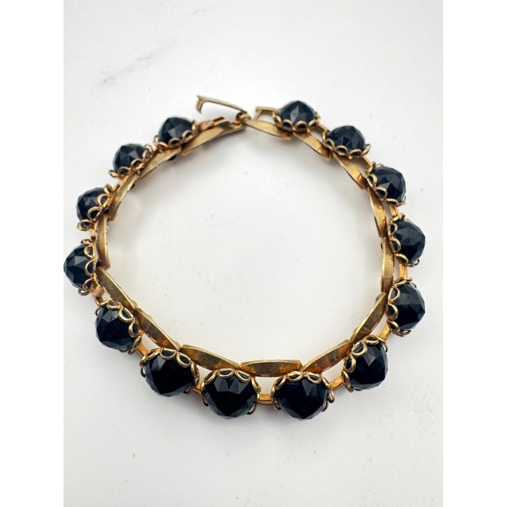 Vintage Black Bracelet Link Gold Tone Mid Century